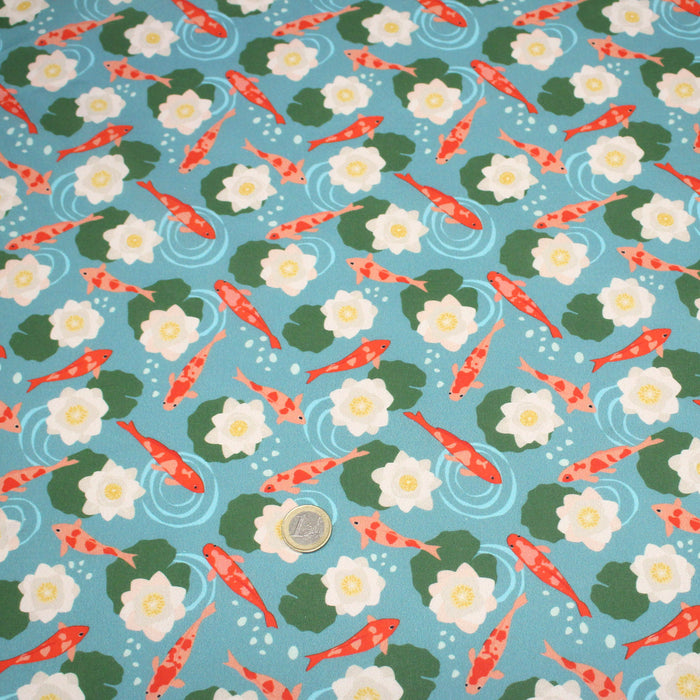 Tissu cotonnade motif japonais KOï aux poissons carpes koï & nénuphars, fond bleu d'eau - OEKO - TEX - TissusPapi.com