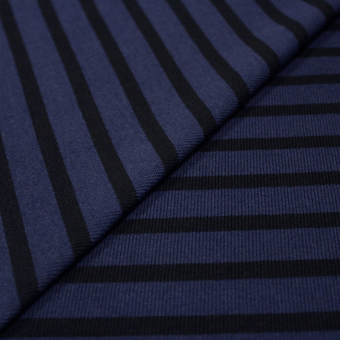 Tissu Tricot de coton authentique marinière bleu marine et noir - Fabrication française