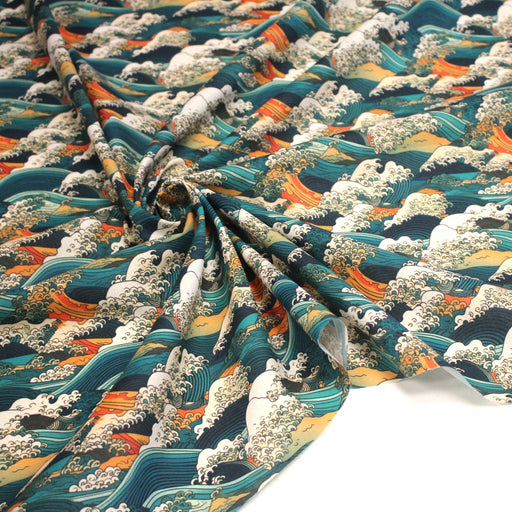 Tissu cotonnade motif japonais de la vague Kanagawa d’Hokusai, tons vert canard, oranges et blancs - OEKO - TEX - TissusPapi.com