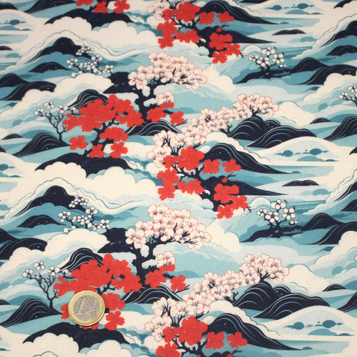 Tissu cotonnade motif japonais de la vague Hokusai & fleurs cerisiers Sakura, tons bleus & rouges - OEKO - TEX - TissusPapi.com