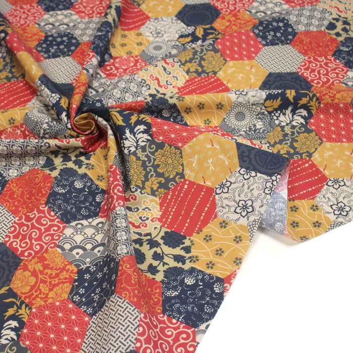 Tissu cotonnade HARAJUKA, motifs japonais, tons bleus, jaunes et rouges - OEKO - TEX - TissusPapi.com