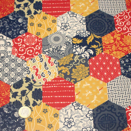 Tissu cotonnade HARAJUKA, motifs japonais, tons bleus, jaunes et rouges - OEKO - TEX - TissusPapi.com