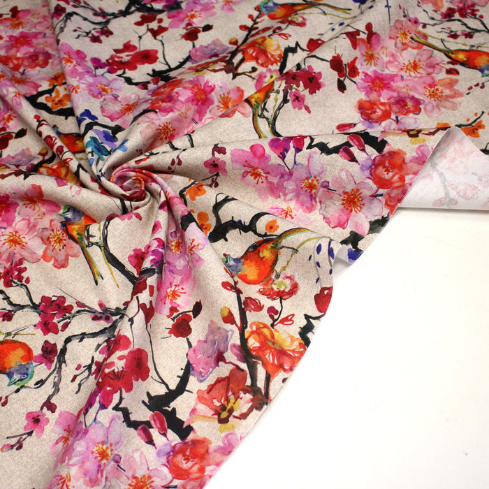 Tissu coton motif jardin japonais GUNMA aux oiseaux et fleurs de cerisier, fond lin - OEKO - TEX - TissusPapi.com