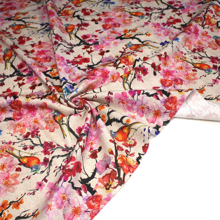 Tissu coton motif jardin japonais GUNMA aux oiseaux et fleurs de cerisier, fond lin - OEKO - TEX - TissusPapi.com