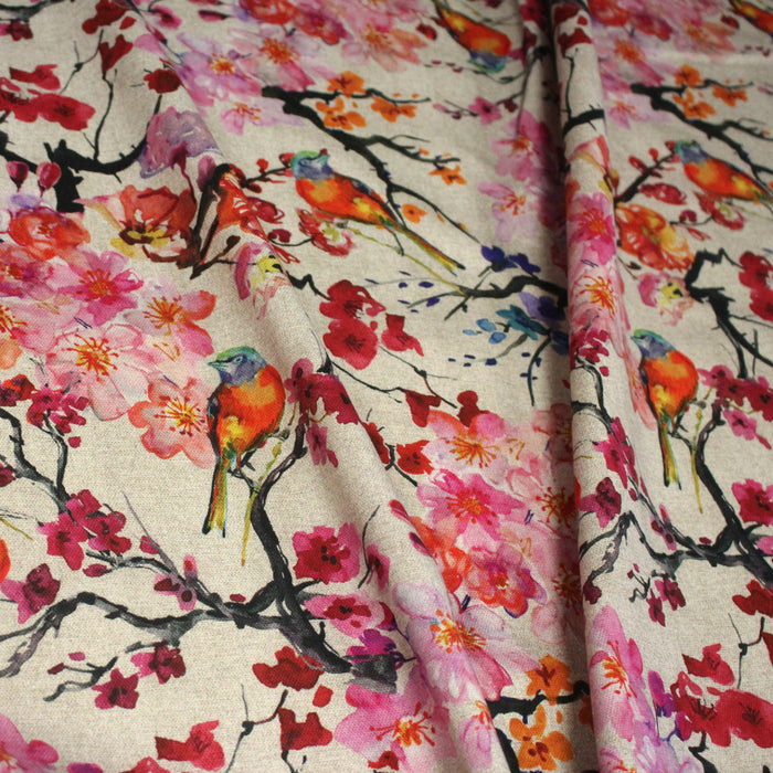 Tissu coton motif jardin japonais GUNMA aux oiseaux et fleurs de cerisier, fond lin - OEKO - TEX - TissusPapi.com