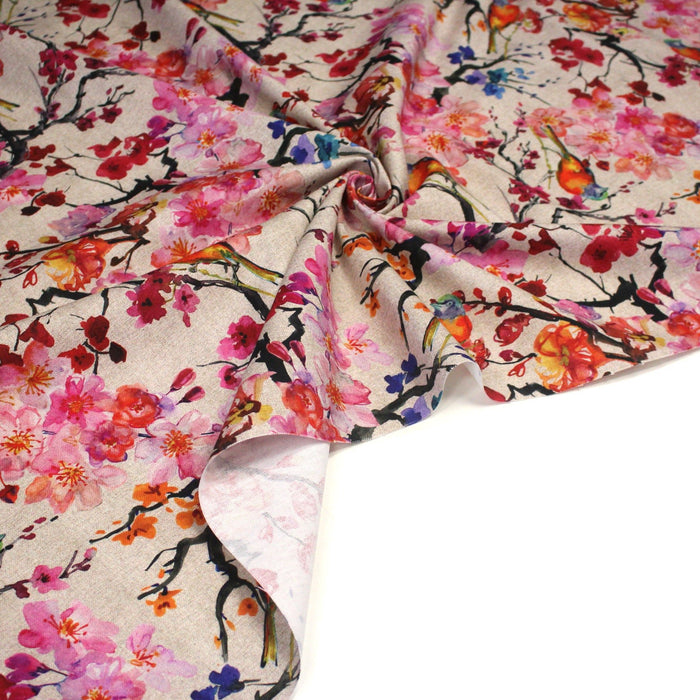Tissu coton motif jardin japonais GUNMA aux oiseaux et fleurs de cerisier, fond lin - OEKO - TEX - TissusPapi.com