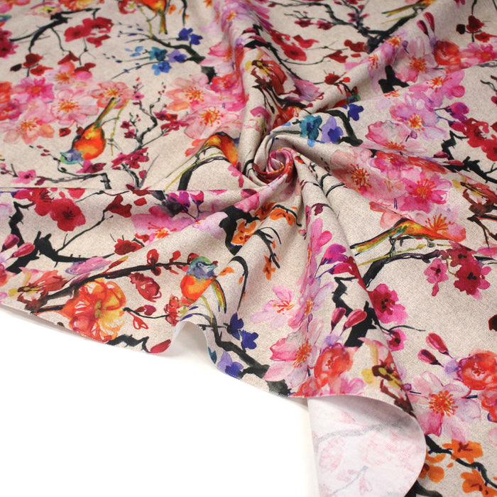 Tissu coton motif jardin japonais GUNMA aux oiseaux et fleurs de cerisier, fond lin - OEKO - TEX - TissusPapi.com
