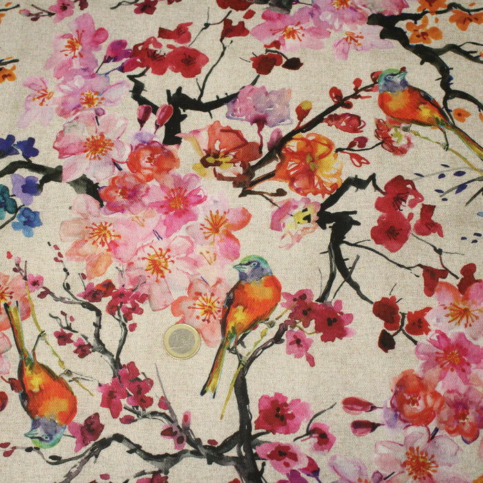 Tissu coton motif jardin japonais GUNMA aux oiseaux et fleurs de cerisier, fond lin - OEKO - TEX - TissusPapi.com