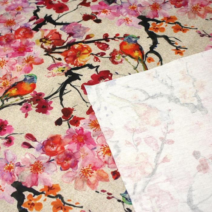 Tissu coton motif jardin japonais GUNMA aux oiseaux et fleurs de cerisier, fond lin - OEKO - TEX - TissusPapi.com