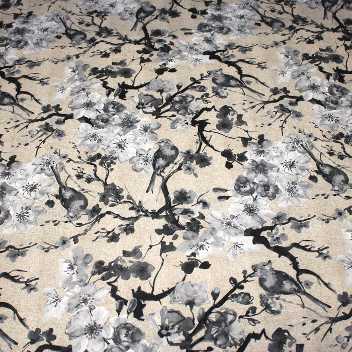 Tissu coton motif jardin japonais GUNMA aux oiseaux et fleurs de cerisier, fond lin - OEKO - TEX - TissusPapi.com