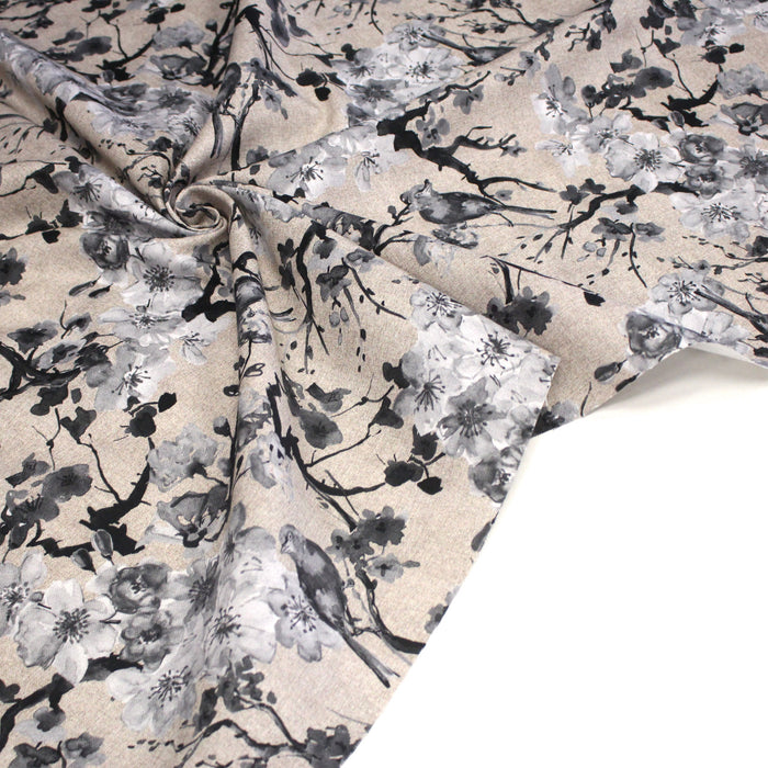 Tissu coton motif jardin japonais GUNMA aux oiseaux et fleurs de cerisier, fond lin - OEKO - TEX - TissusPapi.com