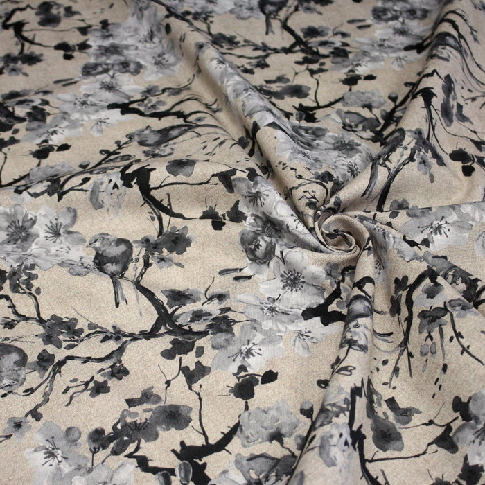 Tissu coton motif jardin japonais GUNMA aux oiseaux et fleurs de cerisier, fond lin - OEKO - TEX - TissusPapi.com