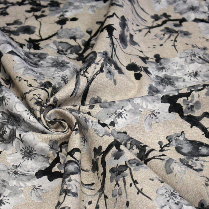 Tissu coton motif jardin japonais GUNMA aux oiseaux et fleurs de cerisier, fond lin - OEKO - TEX - TissusPapi.com