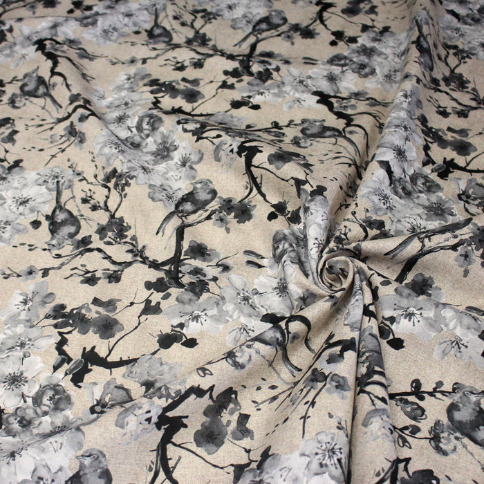 Tissu coton motif jardin japonais GUNMA aux oiseaux et fleurs de cerisier, fond lin - OEKO - TEX - TissusPapi.com