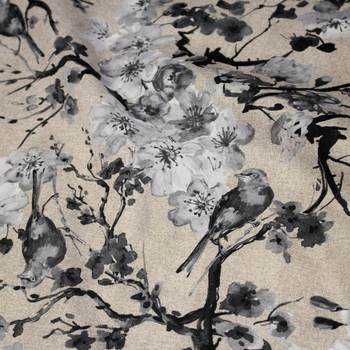 Tissu coton motif jardin japonais GUNMA aux oiseaux et fleurs de cerisier, fond lin - OEKO - TEX - TissusPapi.com
