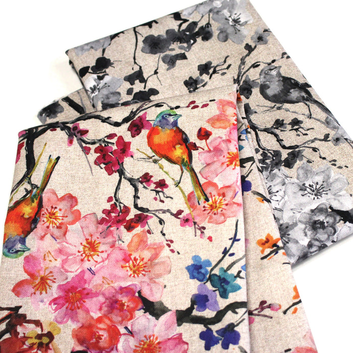 Tissu coton motif jardin japonais GUNMA aux oiseaux et fleurs de cerisier, fond lin - OEKO - TEX - TissusPapi.com