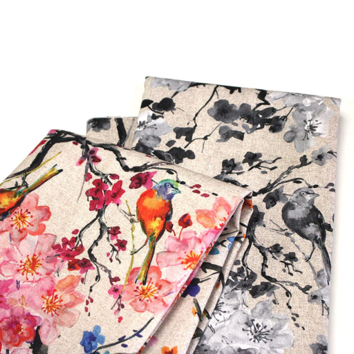 Tissu coton motif jardin japonais GUNMA aux oiseaux et fleurs de cerisier, fond lin - OEKO - TEX - TissusPapi.com