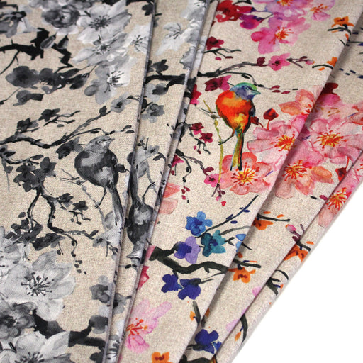 Tissu coton motif jardin japonais GUNMA aux oiseaux et fleurs de cerisier, fond lin - OEKO - TEX - TissusPapi.com