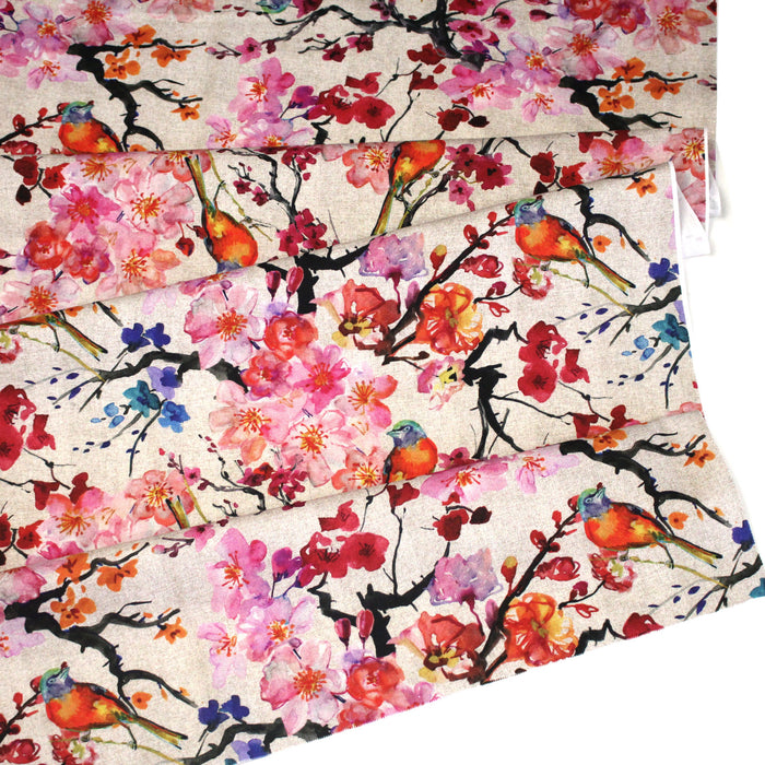 Tissu coton motif jardin japonais GUNMA aux oiseaux et fleurs de cerisier, fond lin - OEKO - TEX - TissusPapi.com