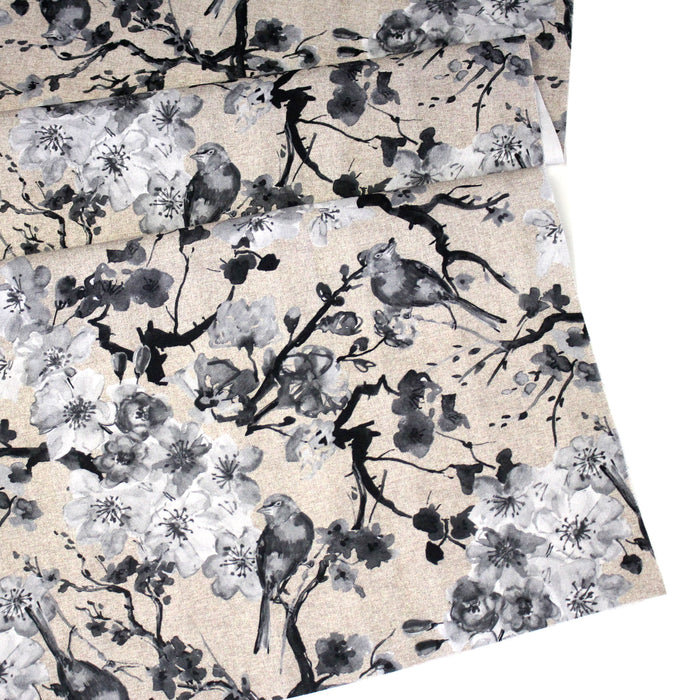Tissu coton motif jardin japonais GUNMA aux oiseaux et fleurs de cerisier, fond lin - OEKO - TEX - TissusPapi.com