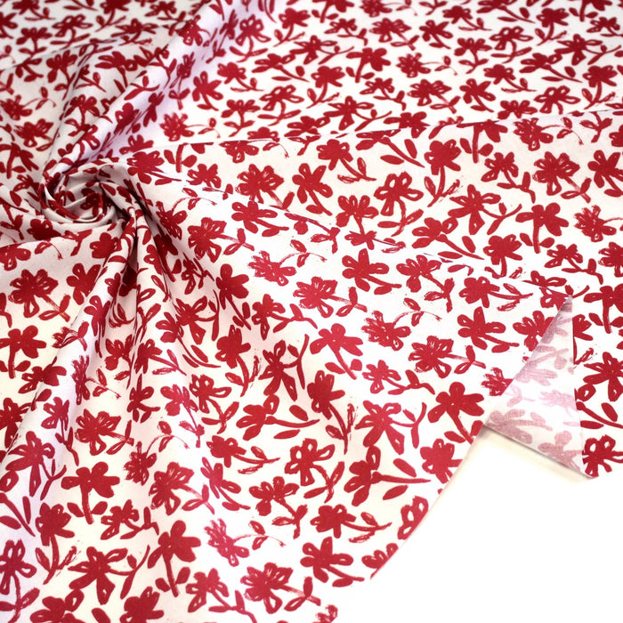 Tissu cotonnade aux fleurs japonaise & dessins à l'encre de Chine : rouge, noir, bleu - OEKO - TEX - TissusPapi.com