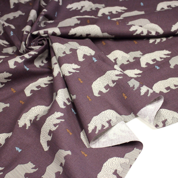 Tissu cotonnade Les ours polaires, fond aubergine