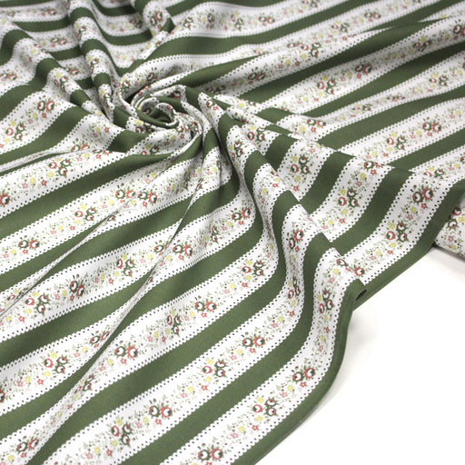 Tissu cotonnade vert & blancs, rayures, fleurs & dentelles imprimées - OEKO - TEX - TissusPapi.com