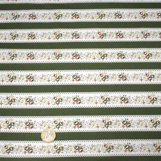 Tissu cotonnade vert & blancs, rayures, fleurs & dentelles imprimées - OEKO - TEX - TissusPapi.com