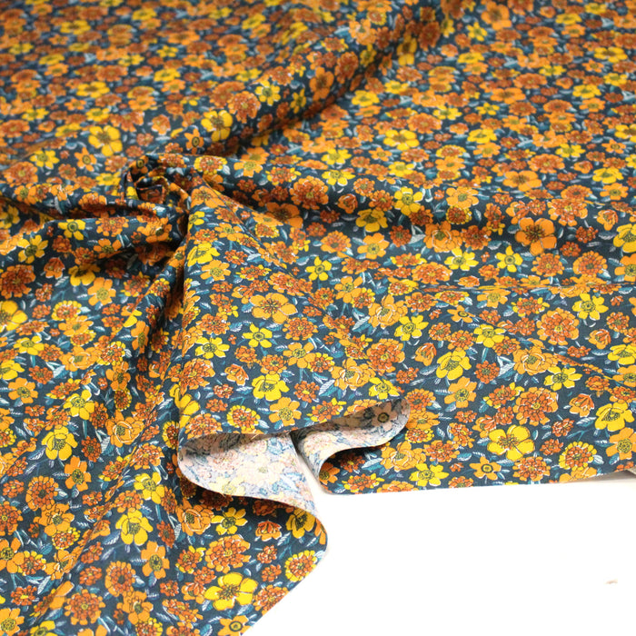 Tissu cotonnade motif fleuri bleu canard & jaune orange - OEKO-TEX STANDARD 100