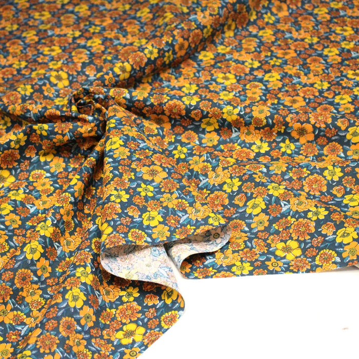 Tissu cotonnade motif fleuri bleu canard & jaune orange - OEKO - TEX STANDARD 100 - TissusPapi.com