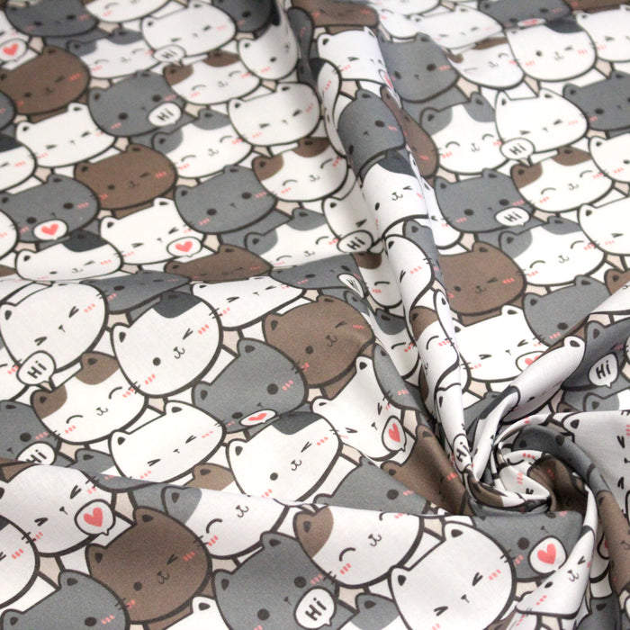 Tissu cotonnade KAWAII aux chats japonais blancs et gris - OEKO - TEX - TissusPapi.com