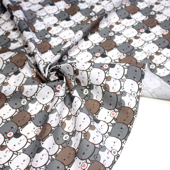 Tissu cotonnade KAWAII aux chats japonais blancs et gris - OEKO - TEX - TissusPapi.com