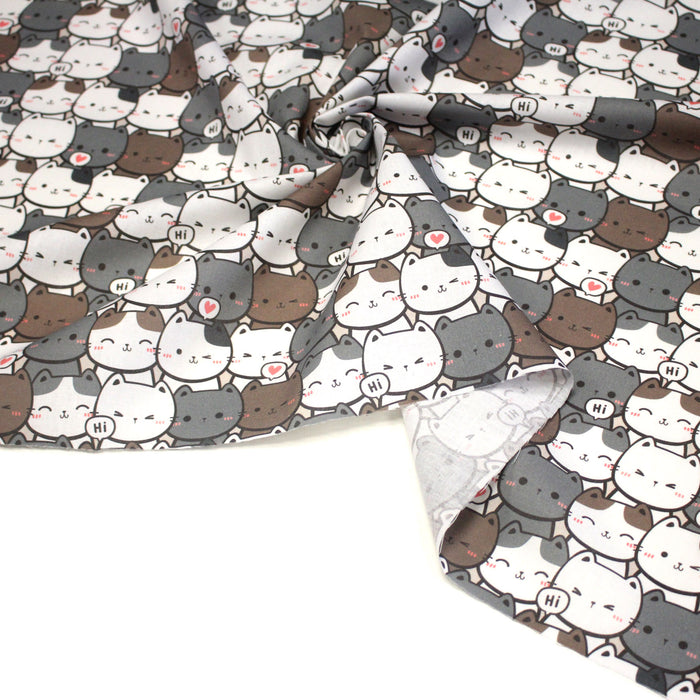 Tissu cotonnade KAWAII aux chats japonais blancs et gris - OEKO - TEX - TissusPapi.com