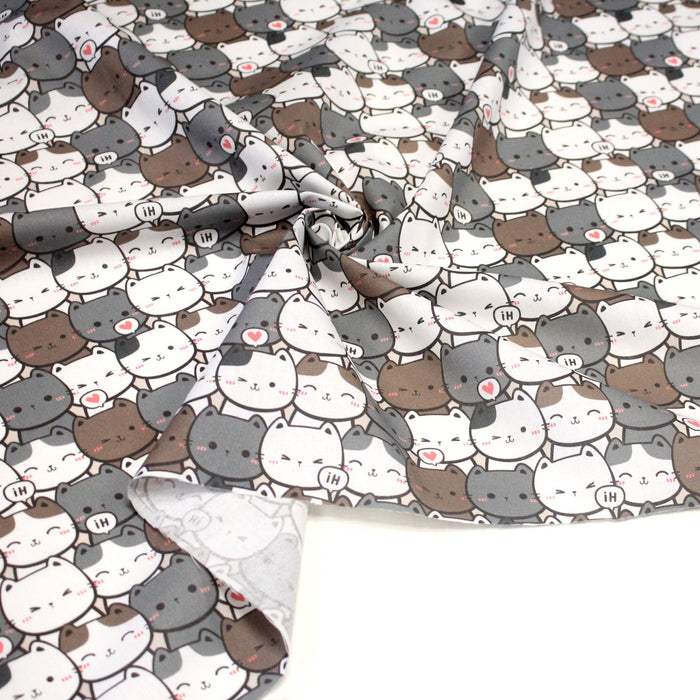 Tissu cotonnade KAWAII aux chats japonais blancs et gris - OEKO - TEX - TissusPapi.com