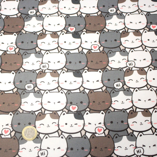 Tissu cotonnade KAWAII aux chats japonais blancs et gris - OEKO - TEX - TissusPapi.com