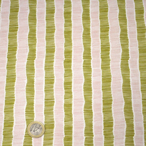 Tissu cotonnade blanc aux fines rayures & traits roses et bronze - OEKO - TEX - TissusPapi.com