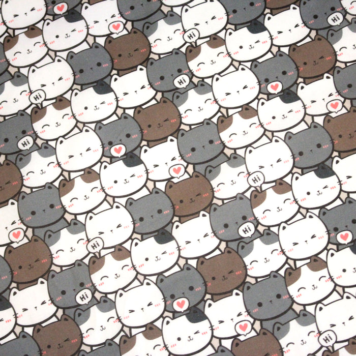 Tissu cotonnade KAWAII aux chats japonais blancs et gris - OEKO - TEX - TissusPapi.com