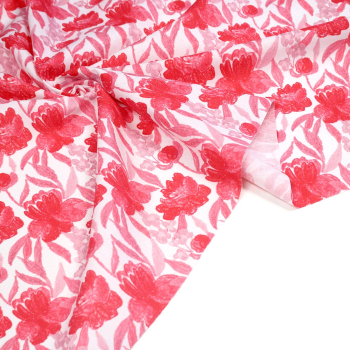 Tissu cotonnade fleurie rose fuchsia - COLLECTION FLEURS AU CRAYON - OEKO - TEX - TissusPapi.com