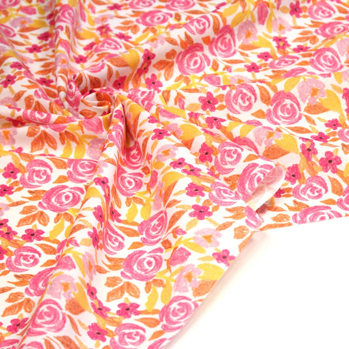 Tissu cotonnade fleurie rose jaune et orange - COLLECTION FLEURS AU CRAYON - OEKO - TEX - TissusPapi.com