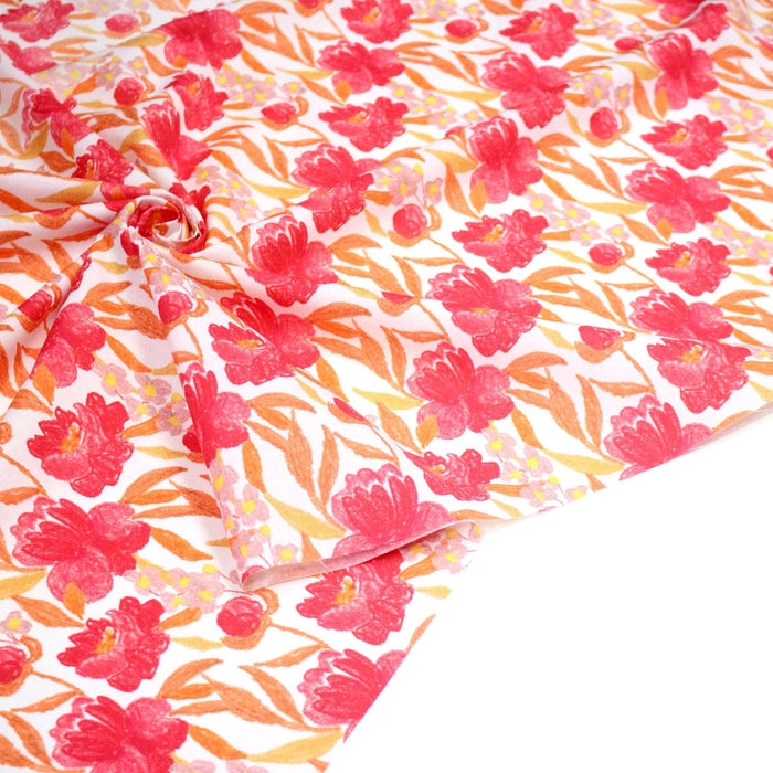Tissu cotonnade fleurie rose fuchsia et orange safran - COLLECTION FLEURS AU CRAYON - OEKO - TEX - TissusPapi.com