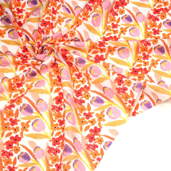 Tissu cotonnade fleurie rose, jaune, rouge et parme - COLLECTION FLEURS AU CRAYON - OEKO - TEX - TissusPapi.com