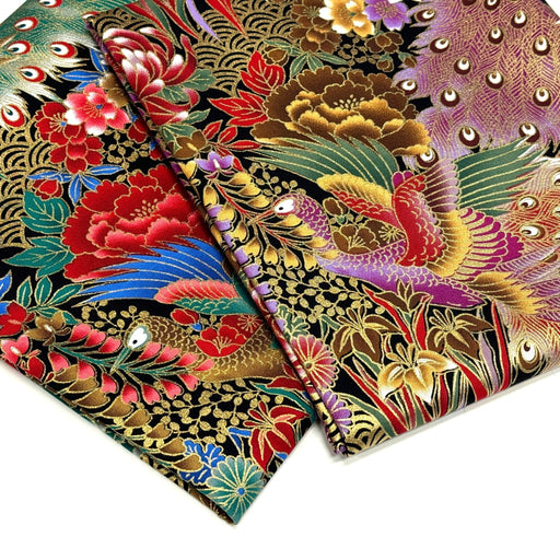 Tissu coton motif japonais aux paons dorés, tons bleus & rouges ou mauves & rouge - COLLECTION JAPON DORÉ - TissusPapi.com