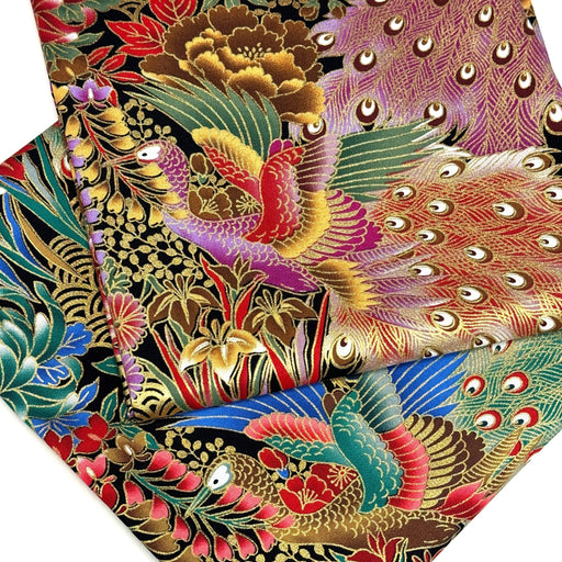 Tissu coton motif japonais aux paons dorés, tons bleus & rouges ou mauves & rouge - COLLECTION JAPON DORÉ - TissusPapi.com