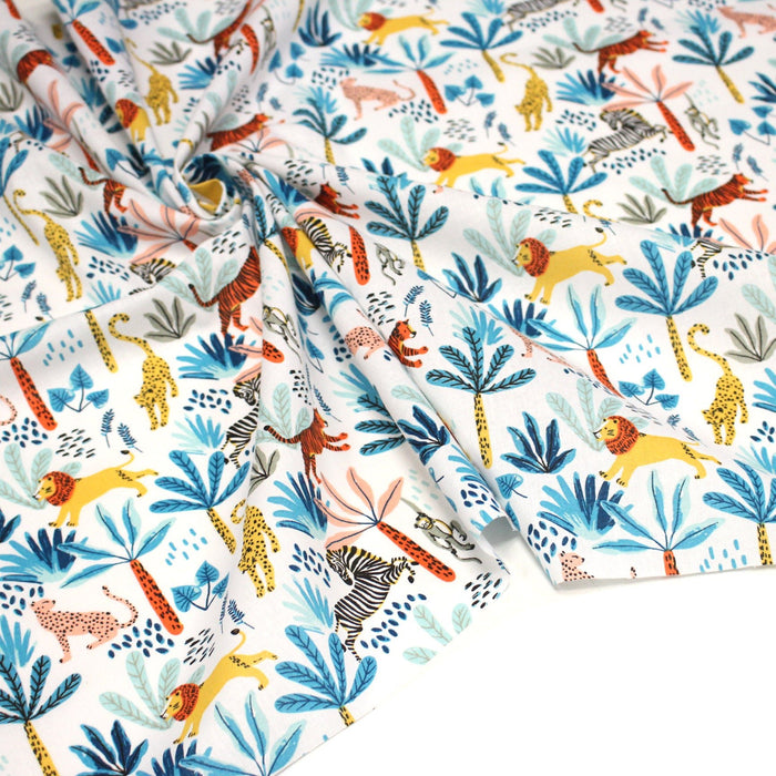 Tissu cotonnade SAFARI : lions, tigres zèbres et singes colorés - OEKO - TEX STANDARD 100 - TissusPapi.com