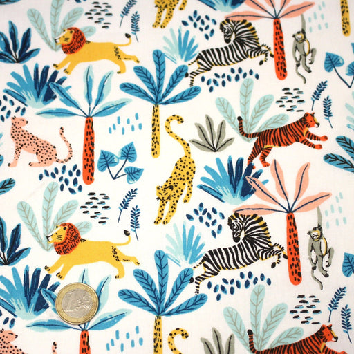 Tissu cotonnade SAFARI : lions, tigres zèbres et singes colorés - OEKO - TEX STANDARD 100 - TissusPapi.com