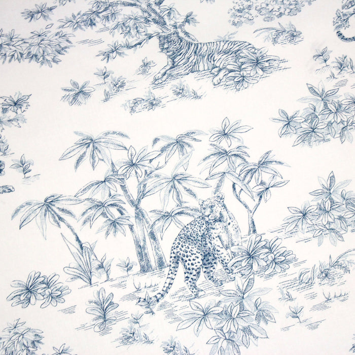 Tissu cotonnade Toile de Jouy aux tigres et forêt vierge, blanc & bleu
