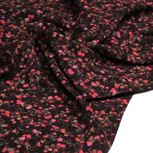 Tissu Viscose fluide chocolat aux fleurs roses rondes, MERISIER - STANDARD 100 OEKO - TEX - TissusPapi.com