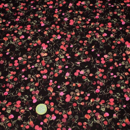 Tissu Viscose fluide chocolat aux fleurs roses rondes, MERISIER - STANDARD 100 OEKO - TEX - TissusPapi.com