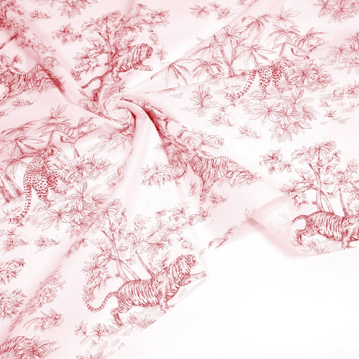 Tissu coton Toile de Jouy, tigres et forêt vierge : nuit & ocre, bleu, rose, gris - OEKO - TEX - TissusPapi.com