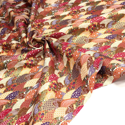 Tissu cotonnade aux écailles, éventails et motifs japonais multicolores - COLLECTION JAPON DORÉ - TissusPapi.com